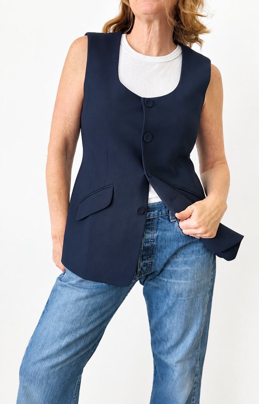 Favorite Daughter Diana Vest Navy Size M Long Tailored Preppy Classic Waistcoat